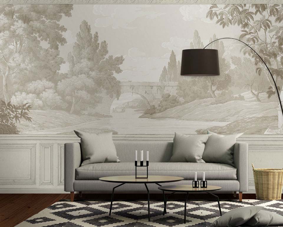 French Landscape - Antique block printed scenic wallpaper - Papiers de