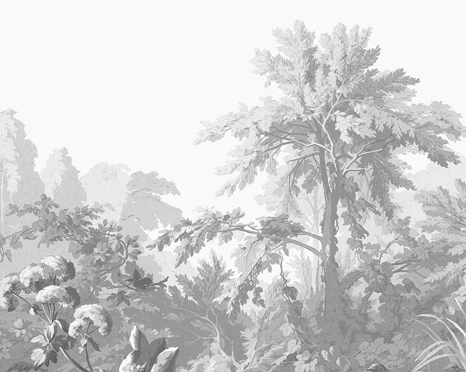 Grey landscape - wallpaper Mural - river, bridge, big flowers and trees - Papiers de Paris Grey landscape - wallpaper Mural - river, bridge, big flowers and trees - Papiers de Paris