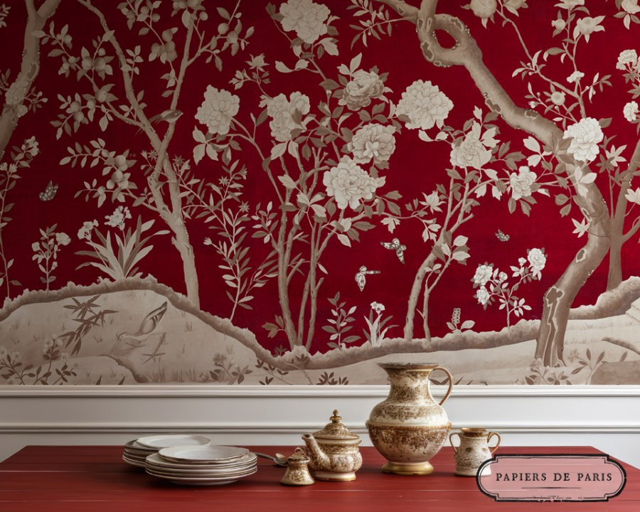 Chinoiserie in grisaille - China red - Wallpaper